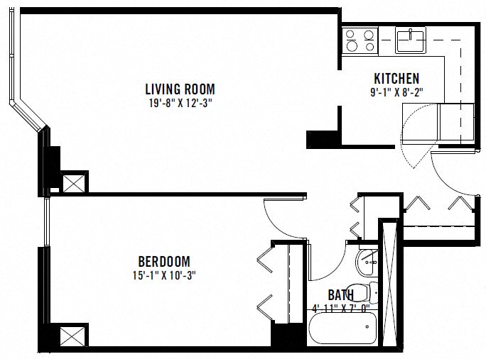 Floor plan for 1 bed, 1 bath